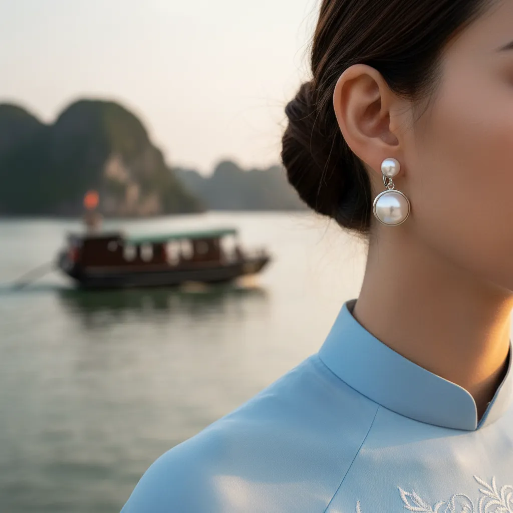 Bông tai ngọc trai dáng tròn cổ điển