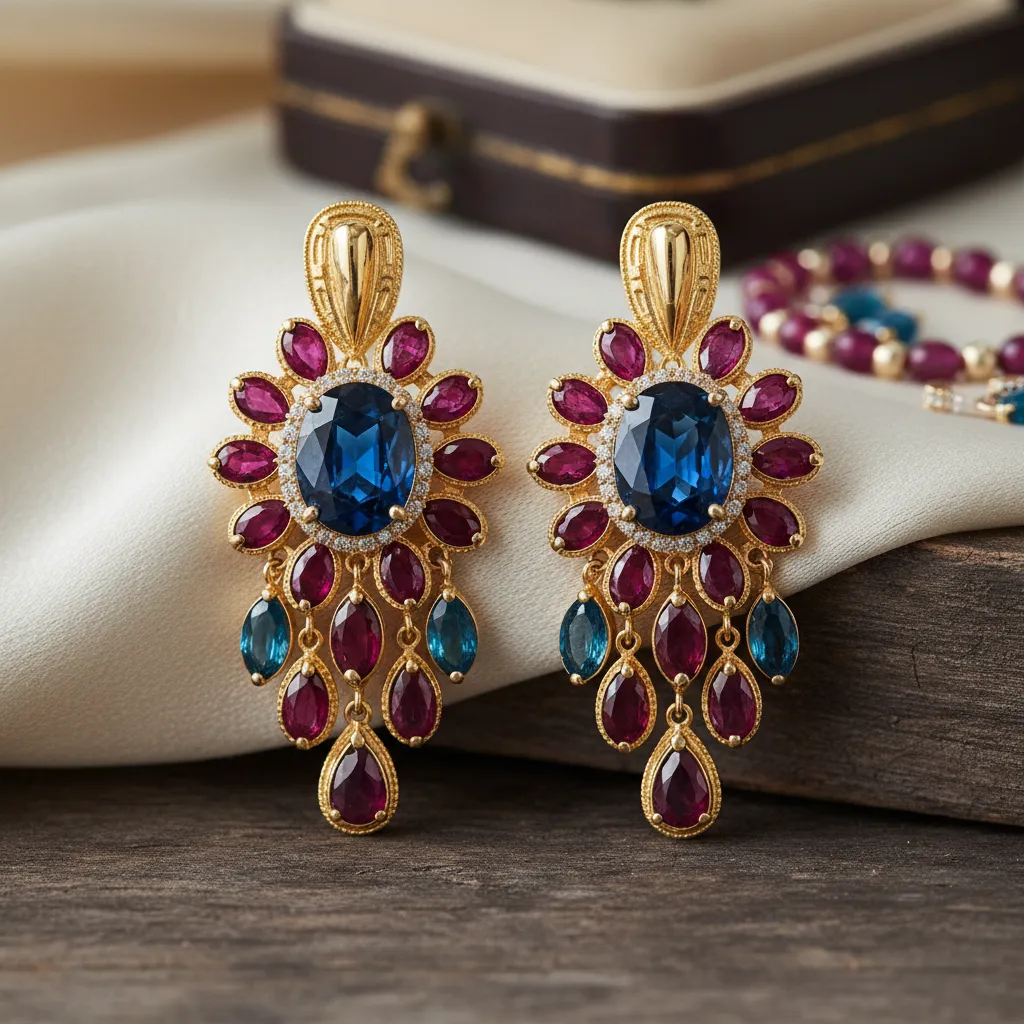 Bông tai vàng tây kết hợp đá màu sapphire ruby